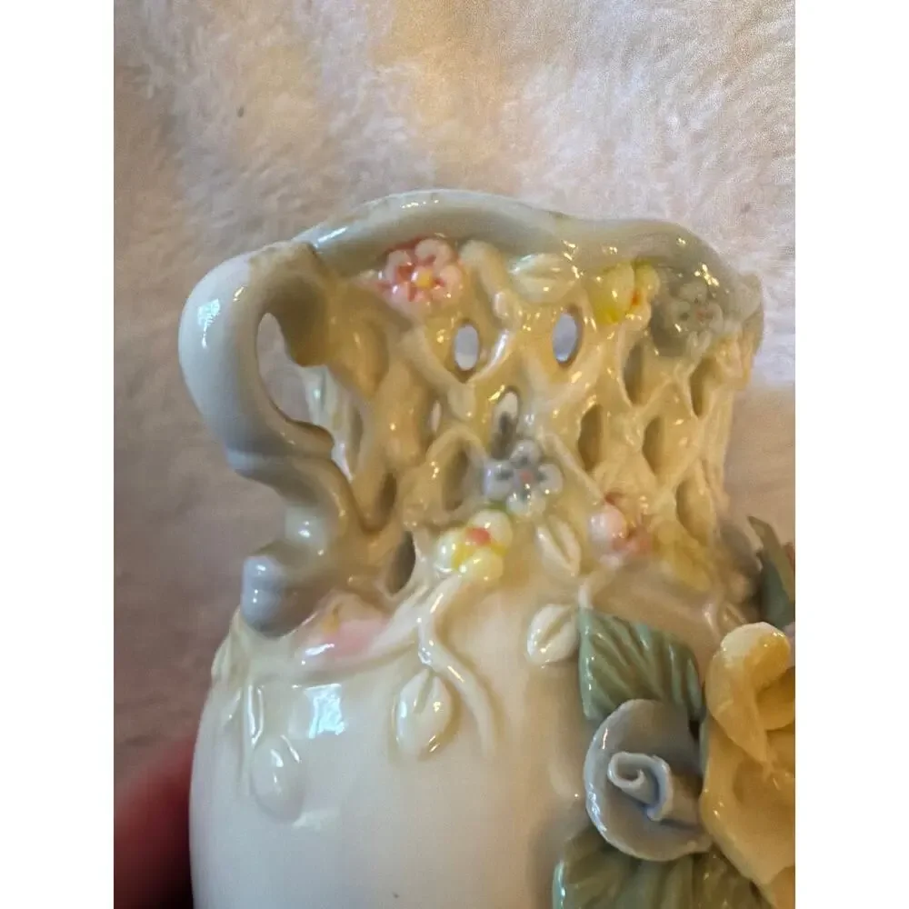 Vintage Porcelain Floral Vase Openwork Lattice Double Handle Pastel Flowers